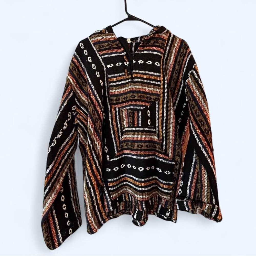 Vintage Y2K Grunge Boho Striped Hooded Poncho Baja Jacket Black Multi Large
